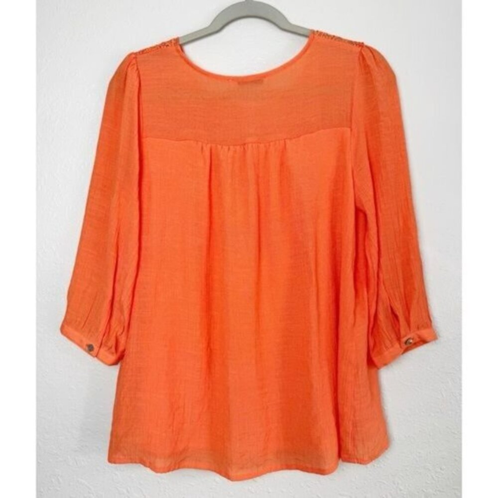 Figueroa & Flowers orange peasant‎ lace yoke scoop neck 3/4 sleeve blouse top S - Picture 6 of 11